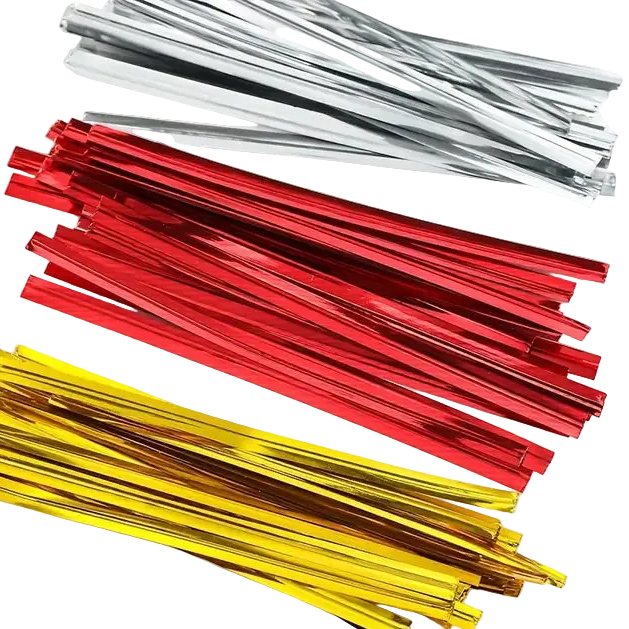 Assorted metallic twist ties in red, gold, and silver on a white background