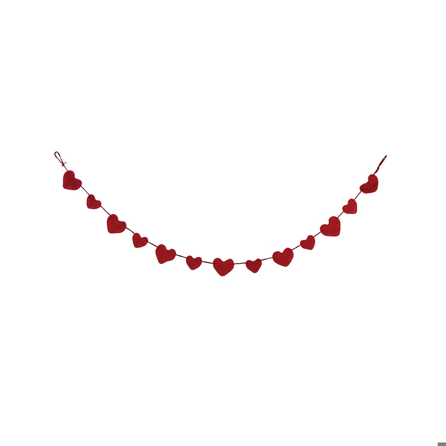 A red heart garland made of small hanging heart-shaped ornaments strung along a thin cord, shown against a plain white background.