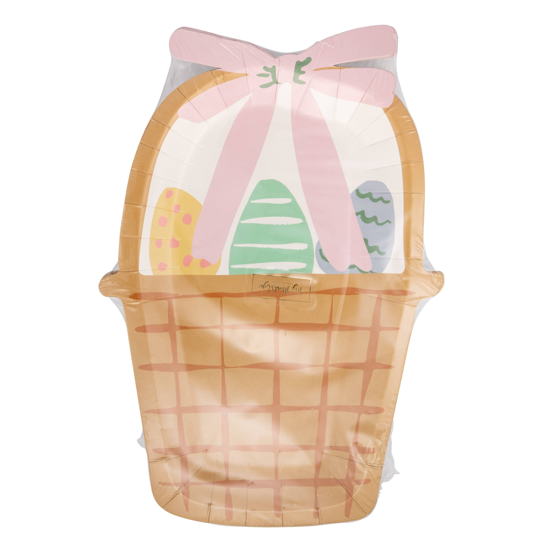 Package of decorative Easter basket shaped paper plates with eggs and a bow on a white background