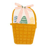 Basket shaped paper napkin with a pink bow and Easter eggs on a white background