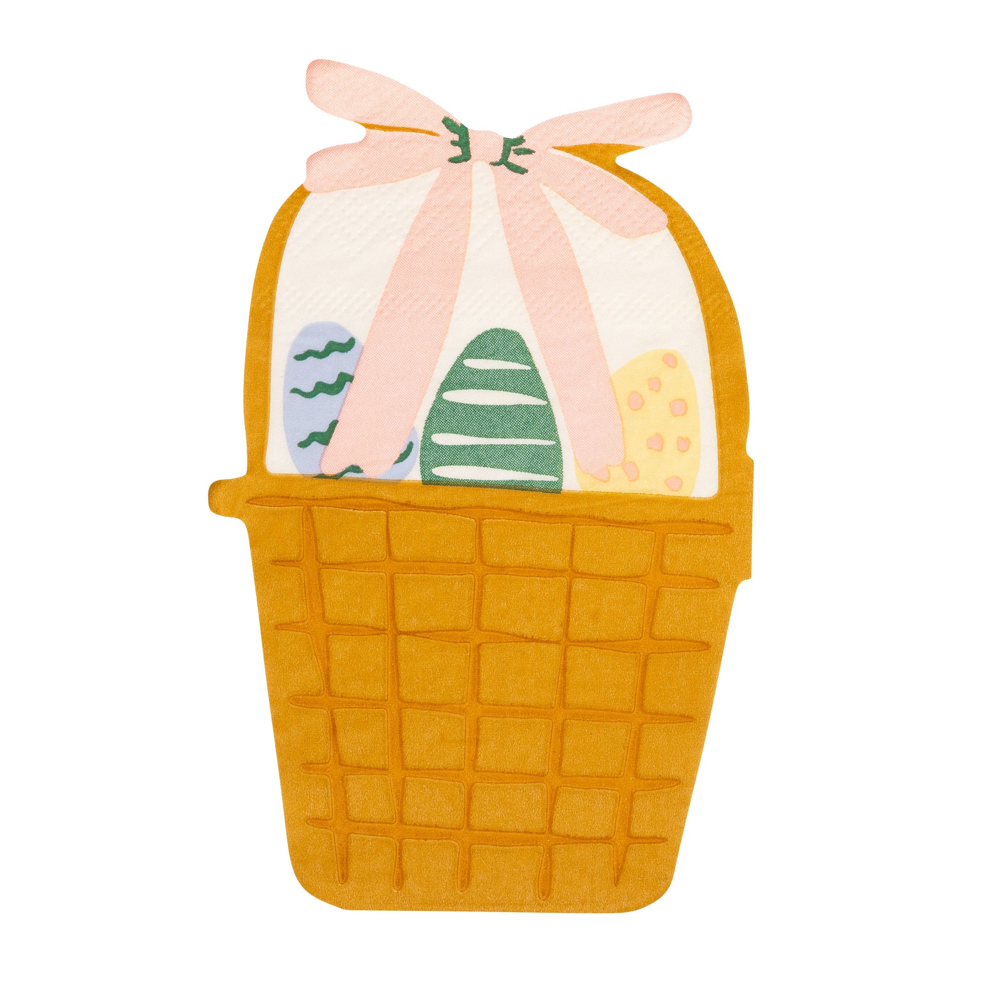 Basket shaped paper napkin with a pink bow and Easter eggs on a white background