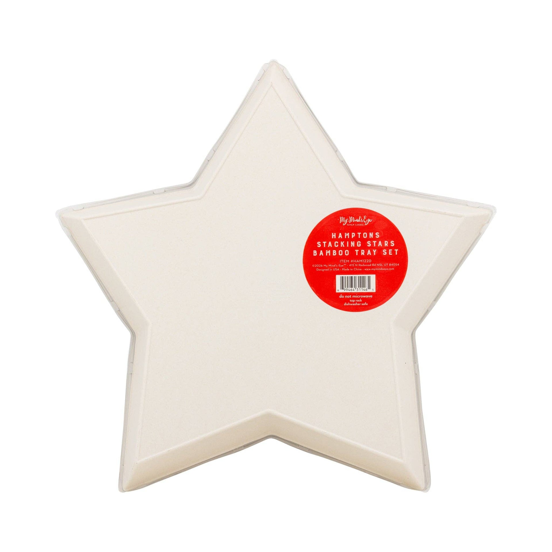 Bottom view of star-shaped bamboo tray with a red label on a white background