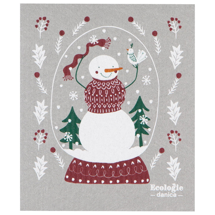Decorative towel with a snowman design and 'Ecologie danica' branding on a gray background.