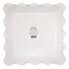 Bottom view of scalloped-edged paper plate with brand label on a white background