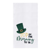 A white kitchen towel featuring a festive St. Patrick's Day design with a green glittery leprechaun hat and the text 'TOP OF THE Morning TO YA' in gold, dark green and black lettering.