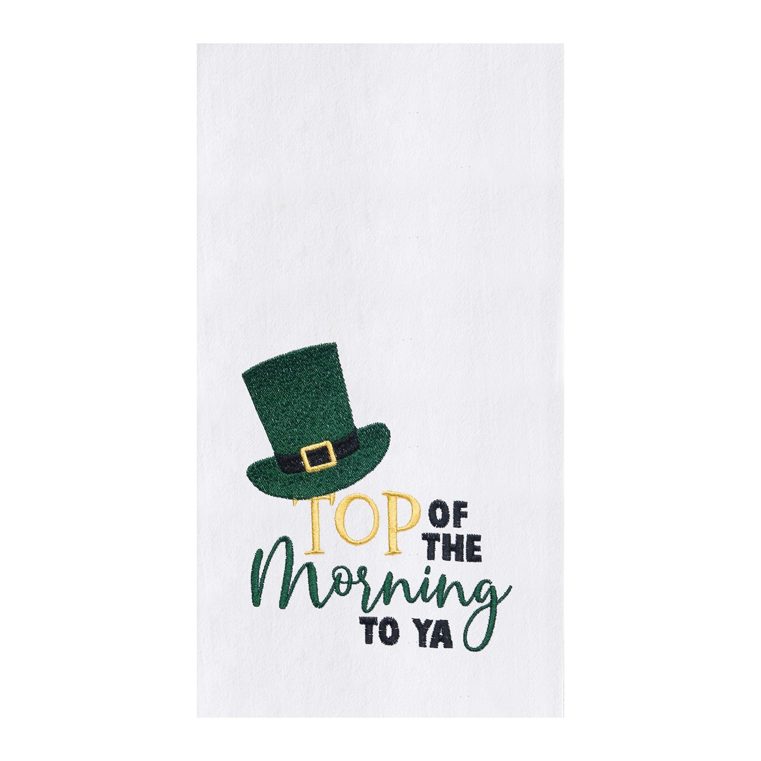 A white kitchen towel featuring a festive St. Patrick's Day design with a green glittery leprechaun hat and the text 'TOP OF THE Morning TO YA' in gold, dark green and black lettering.