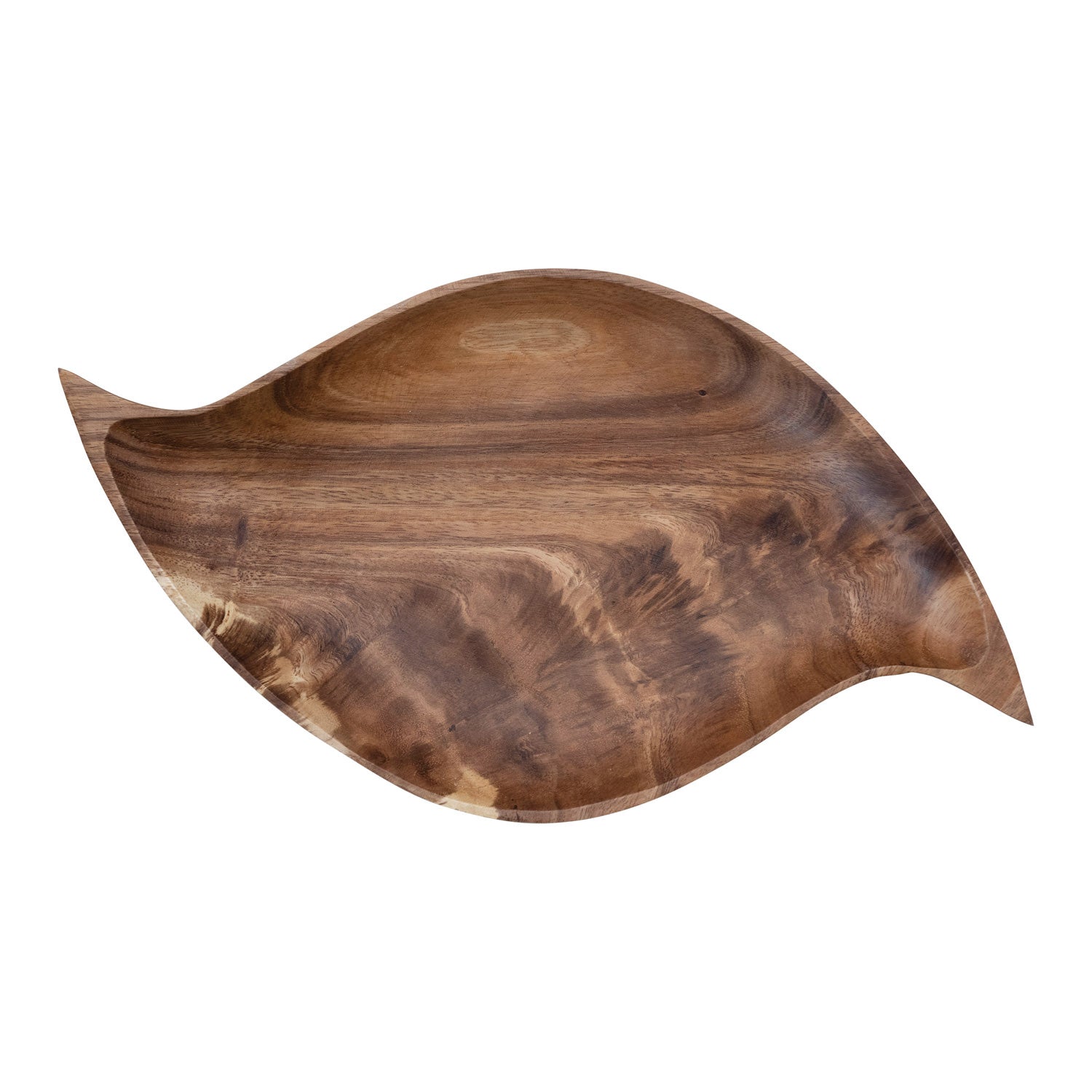 An abstract shaped wood serving tray with natural grain and color on a white background.