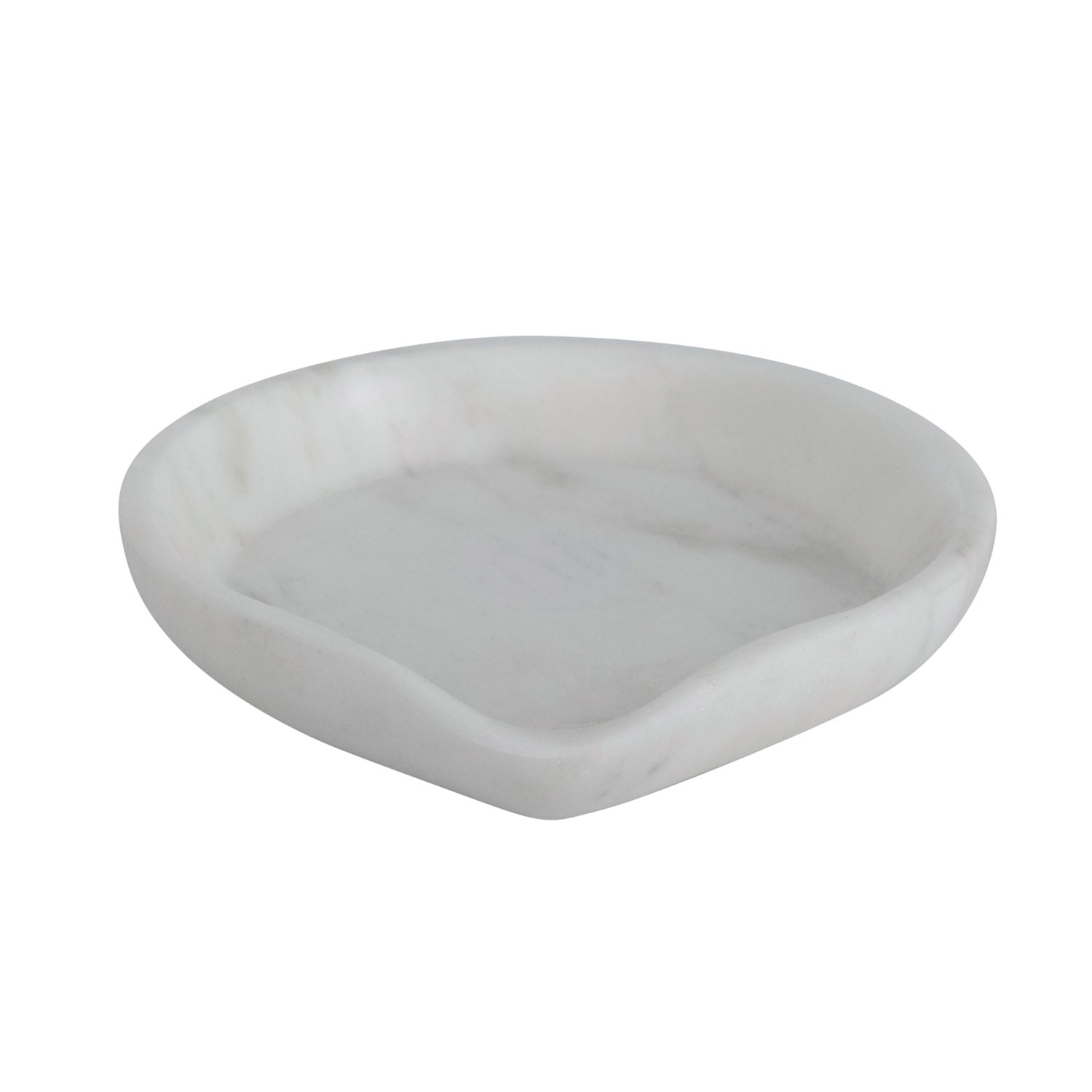 A white marble spoon rest with grey veining on a white background.