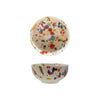 A white bowl with colorful speckles shown from front and  top view on a white background. 