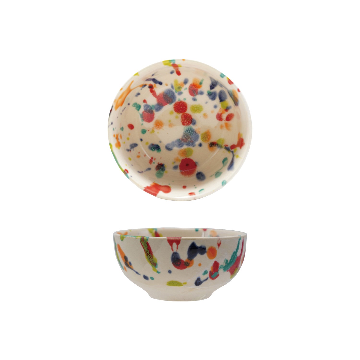 A white bowl with colorful speckles shown from front and  top view on a white background. 