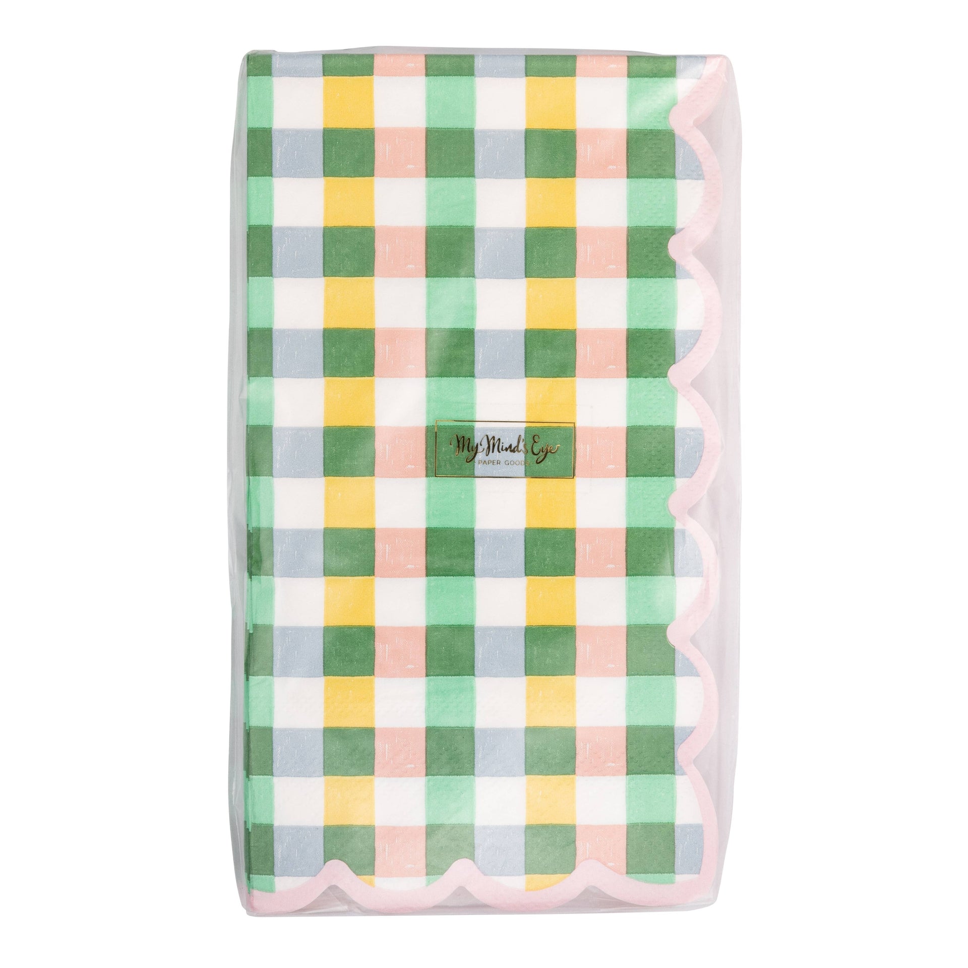Checkered napkin with a scalloped edge in pastel colors on a white background