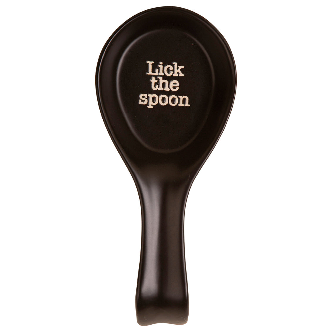 Black spoon rest with 'Lick the spoon' text on a white background