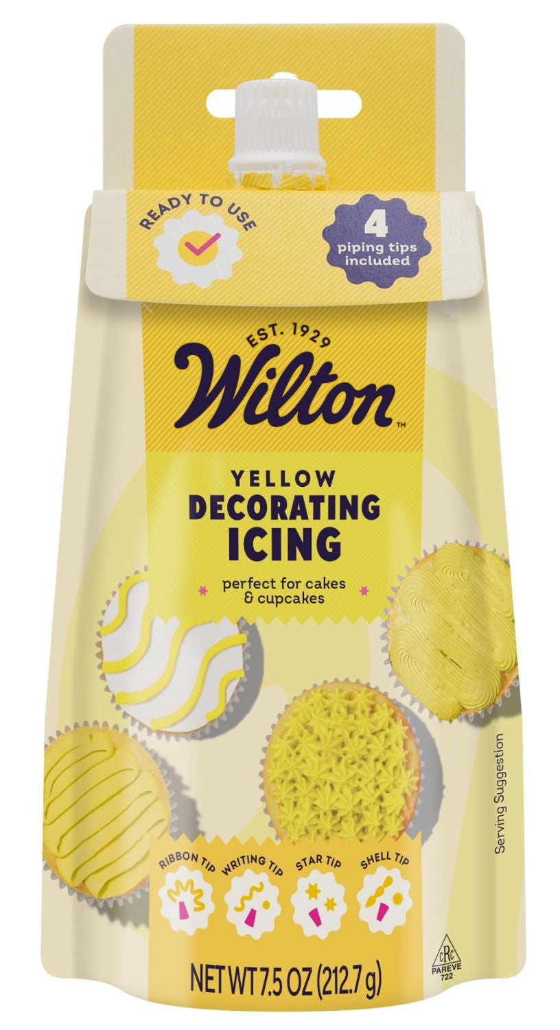 Wilton yellow decorating icing package with a white background