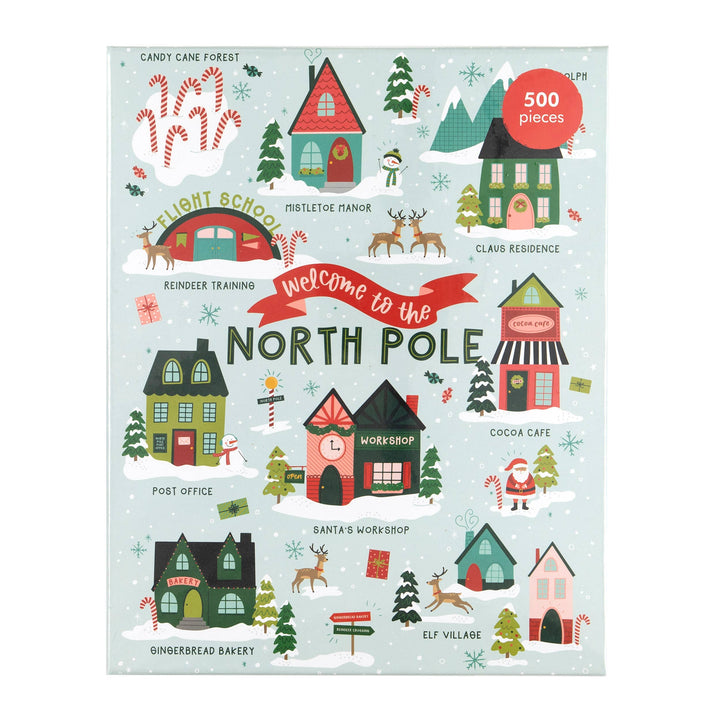 Jigsaw puzzle packaging with a festive village design on a light blue background