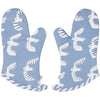 Pair of blue oven mitts with seagull pattern on a white background