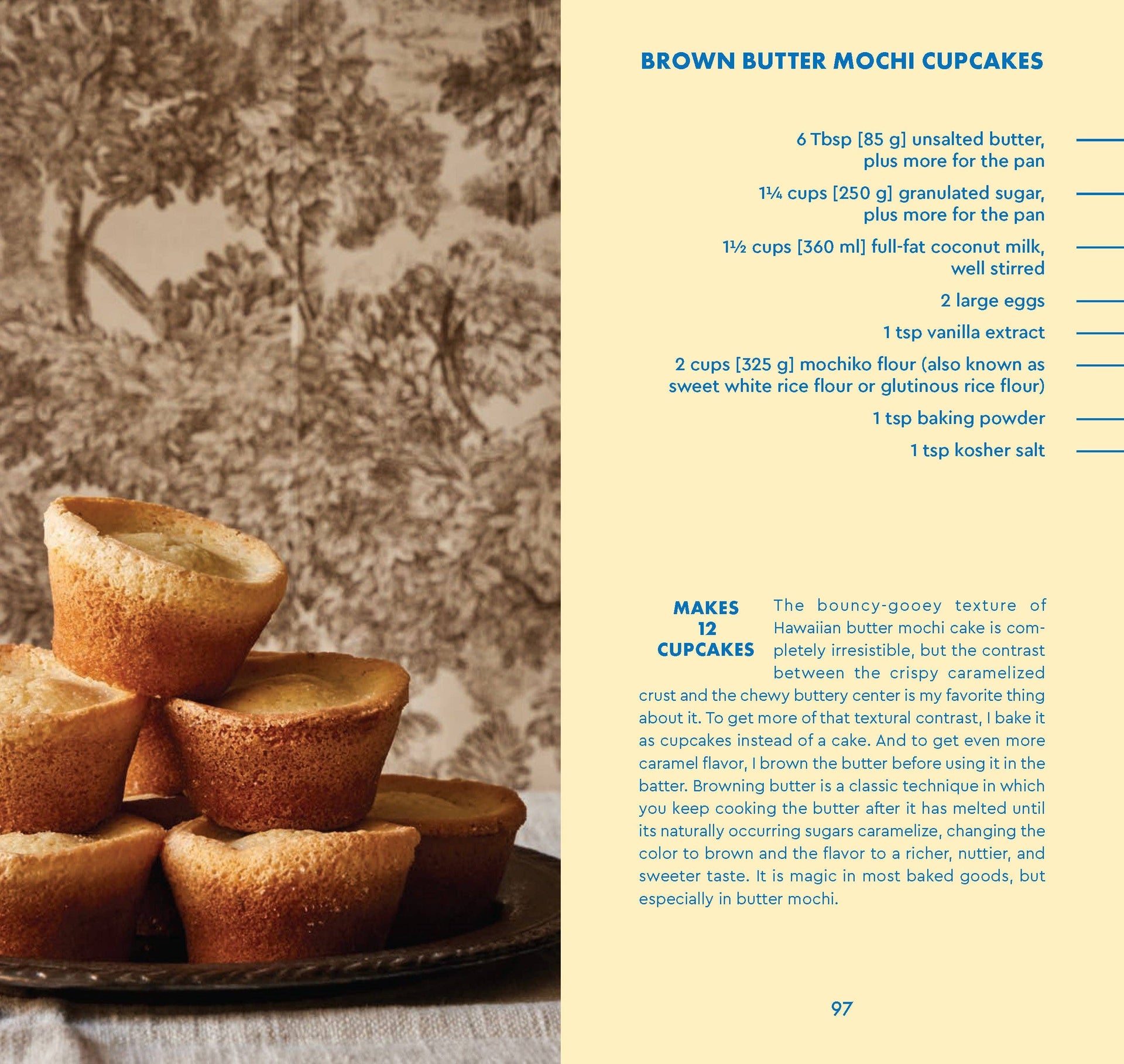 Brown butter mochi cupcakes with a recipe card on the right side.