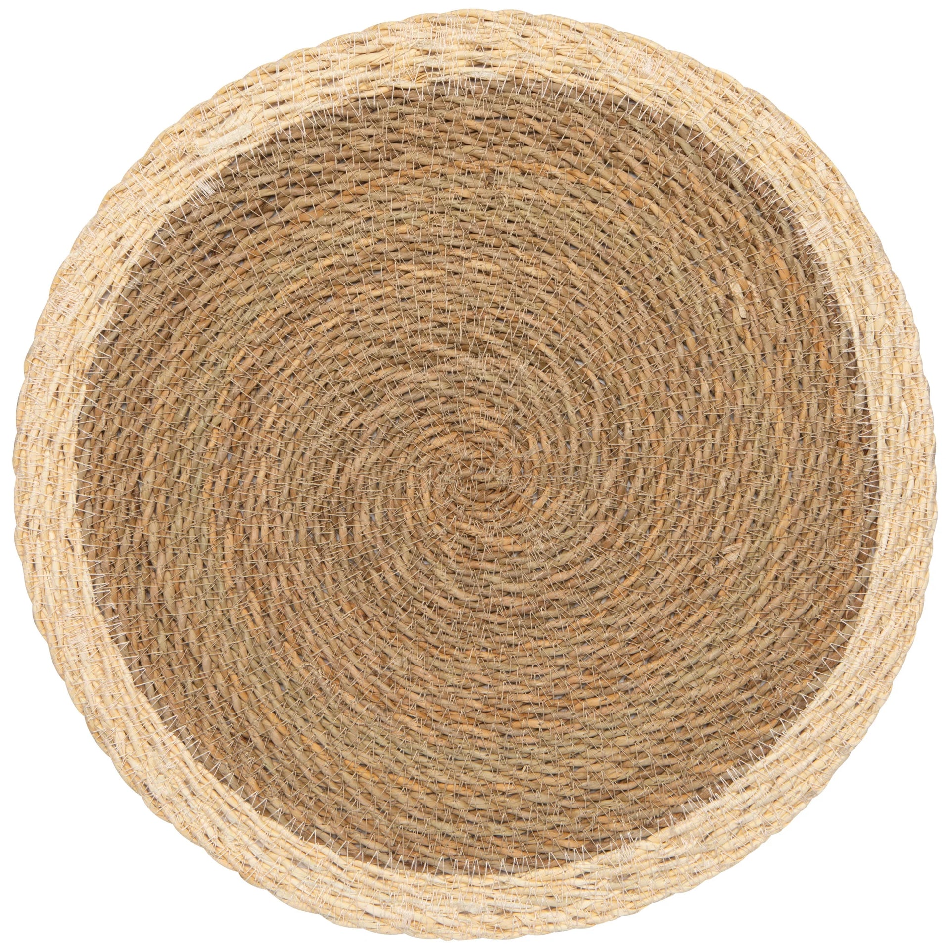 Round woven placemat with a natural fiber pattern on a white background