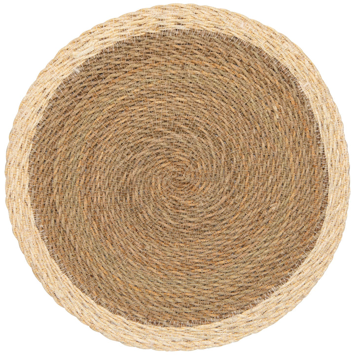 Round woven placemat with a natural fiber pattern on a white background