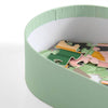 Children's puzzle with colorful pieces in a green and white container