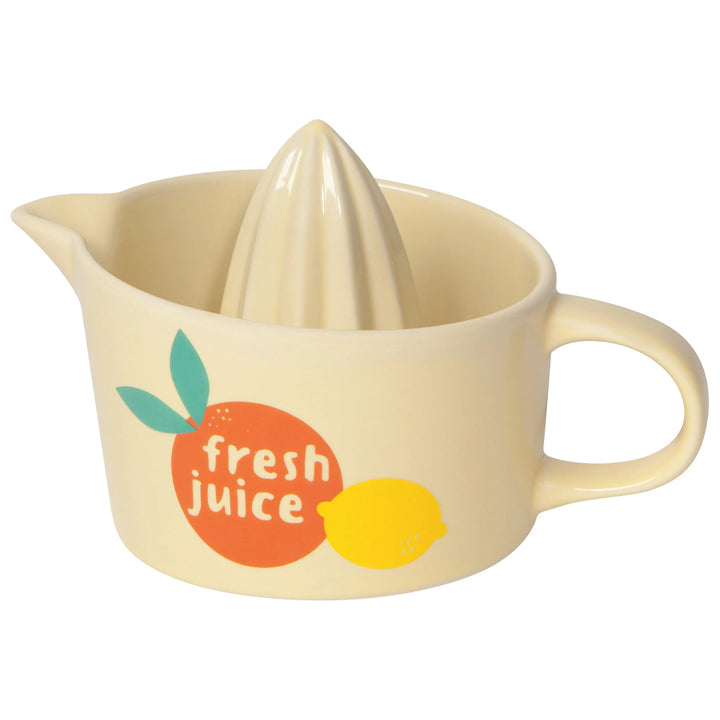 Beige citrus juicer with 'fresh juice' text and fruit graphics on a white background
