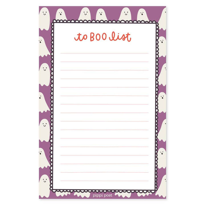 Notepad with ghost design and 'to BOO list' text on a purple background