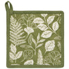 Green pot holder with white leaf pattern on a white background