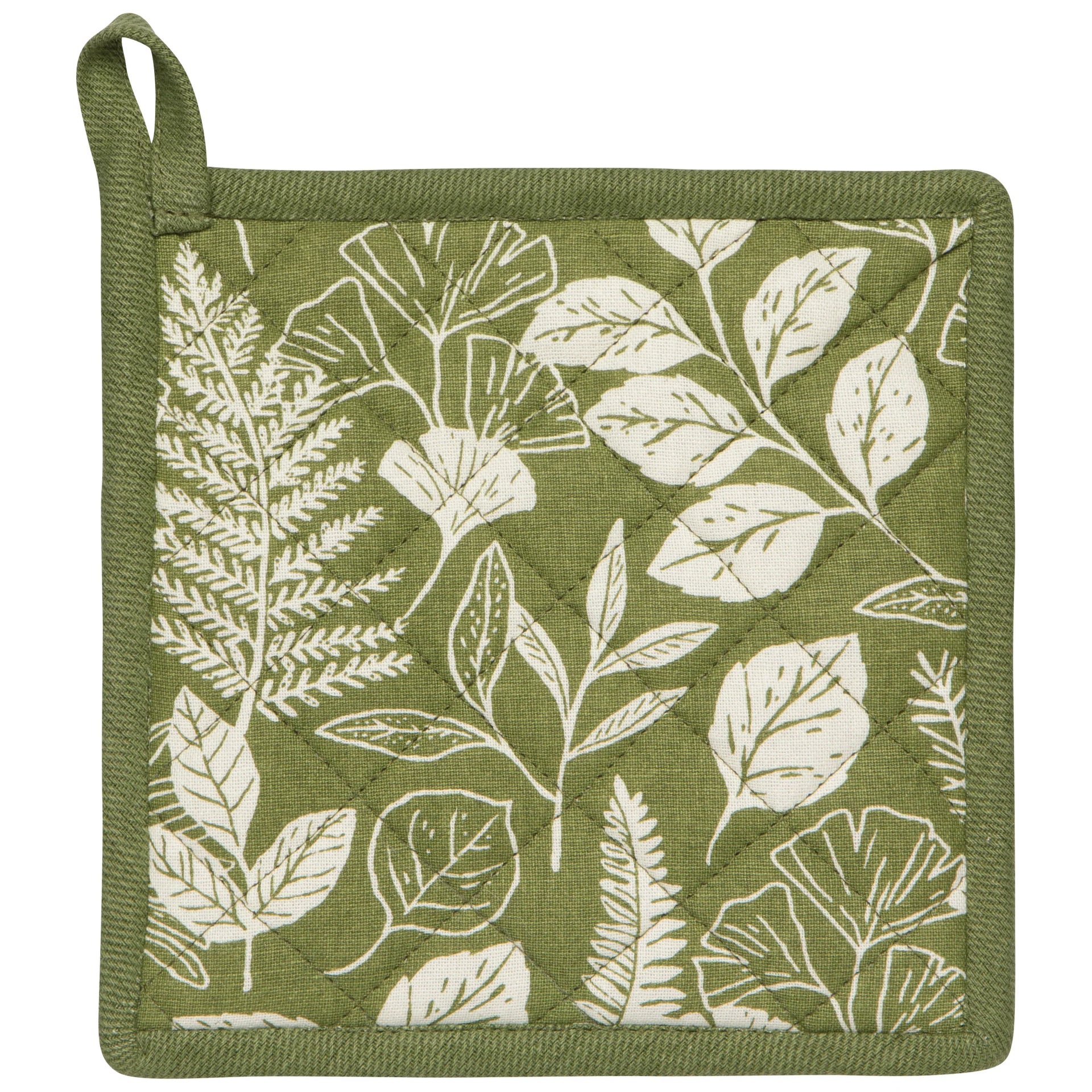 Green pot holder with white leaf pattern on a white background