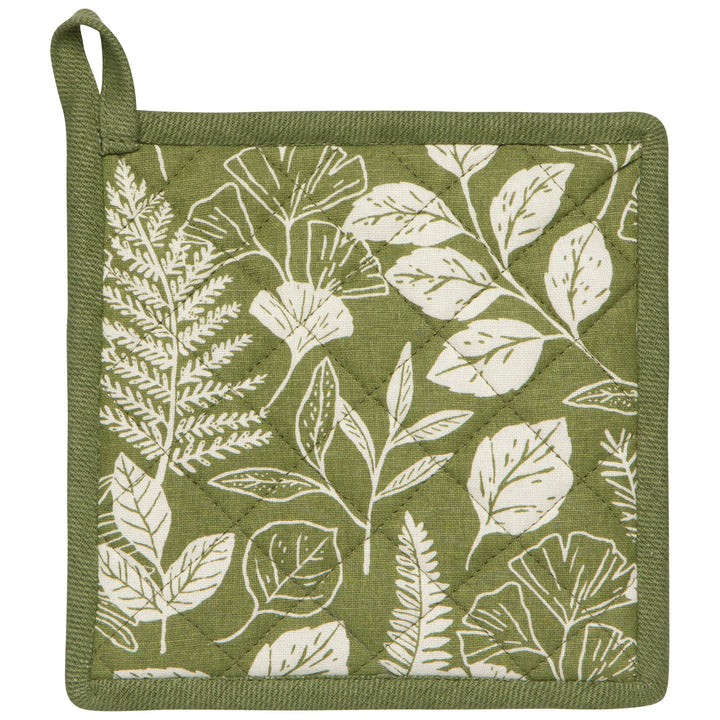 Green pot holder with white leaf pattern on a white background