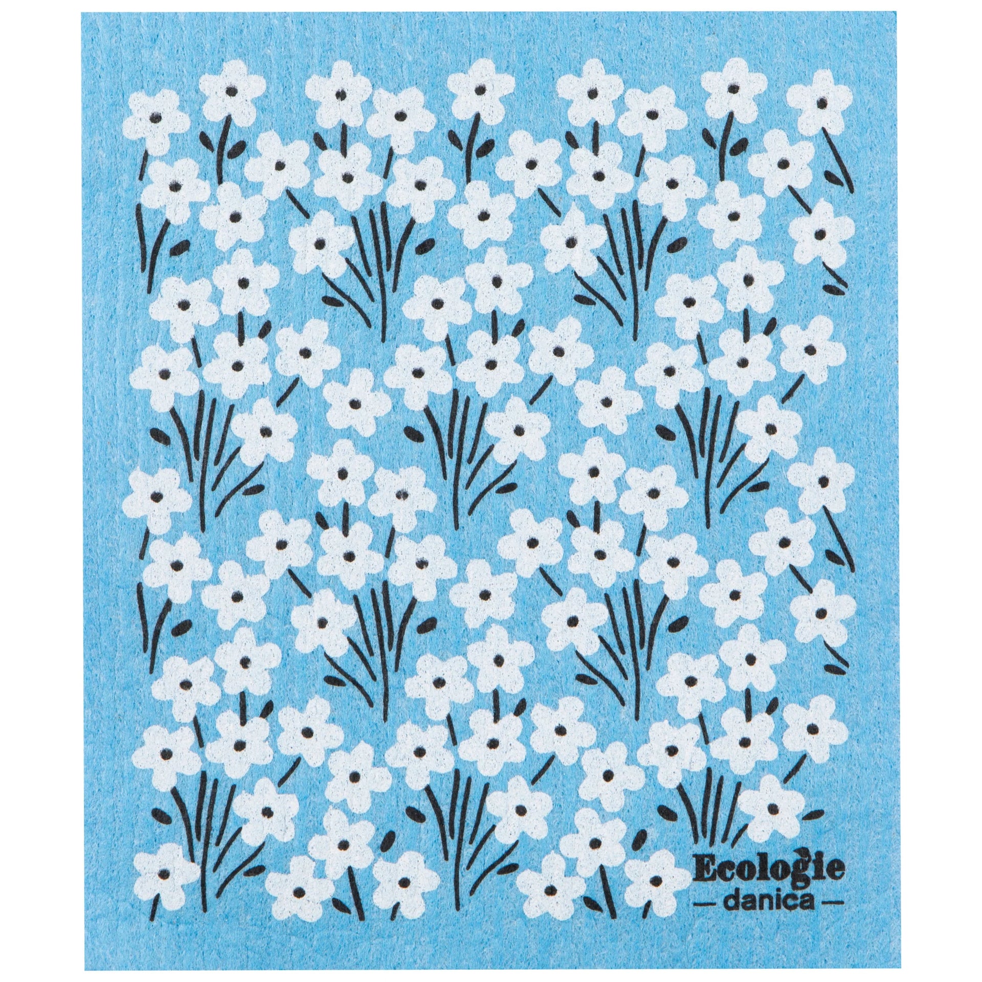 Floral patterned cloth with 'Ecologie danica' branding on a blue background