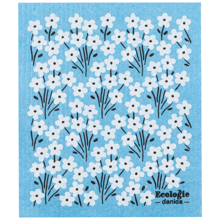Floral patterned cloth with 'Ecologie danica' branding on a blue background