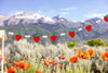 Strawberry-themed banner with mountains and flowers in the background
