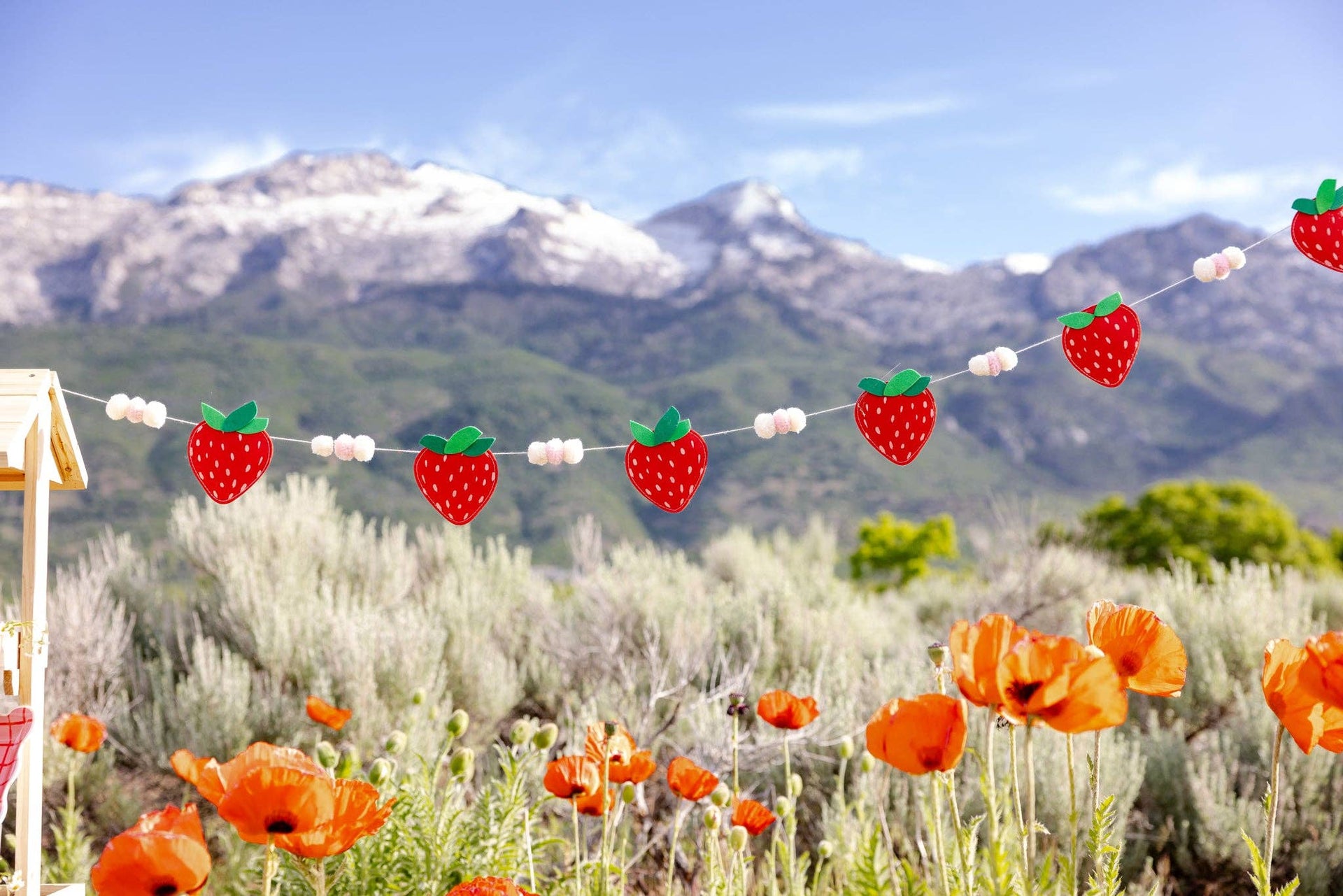 Strawberry-themed banner with mountains and flowers in the background