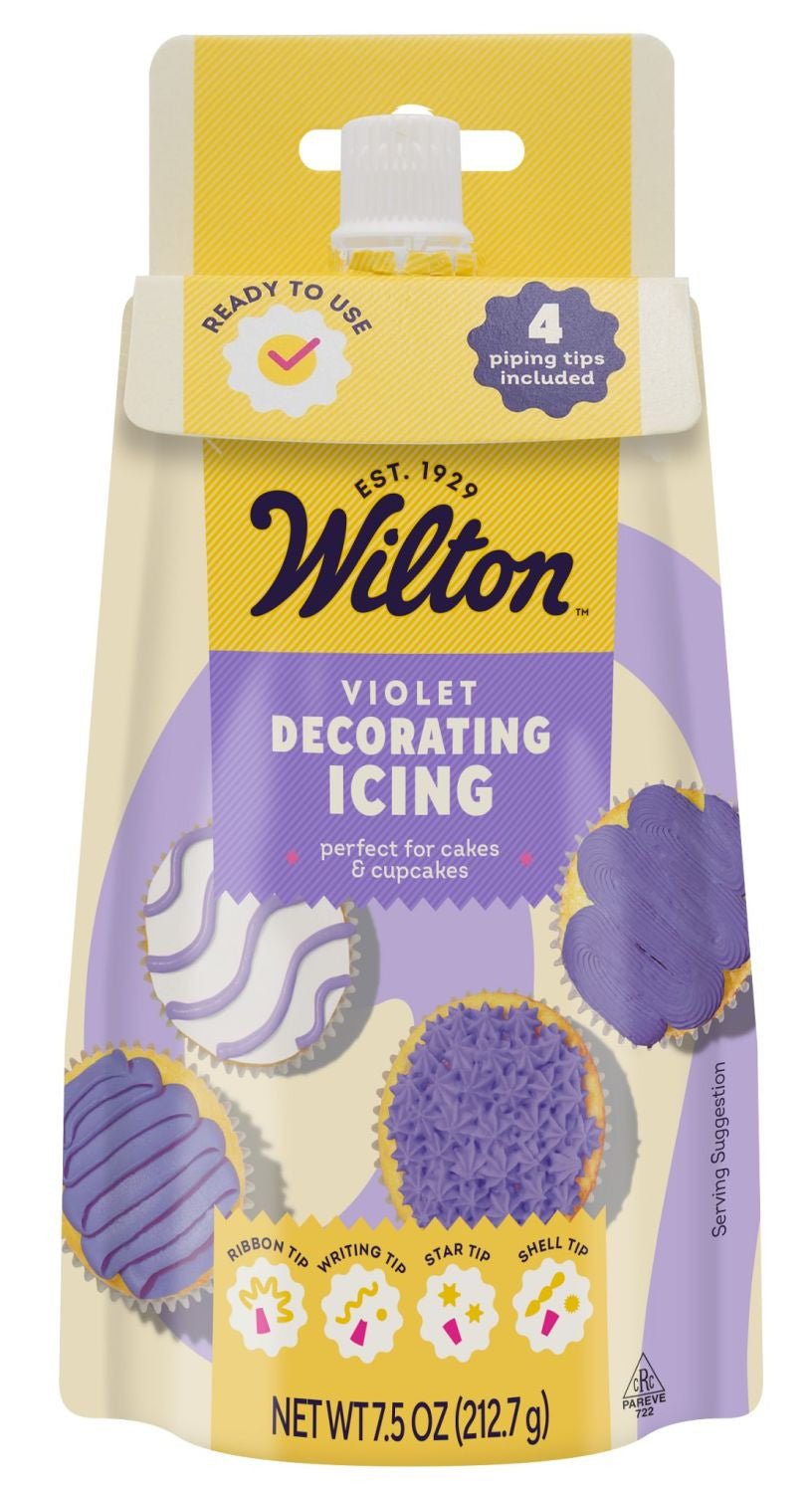 Wilton violet decorating icing package with yellow and purple design