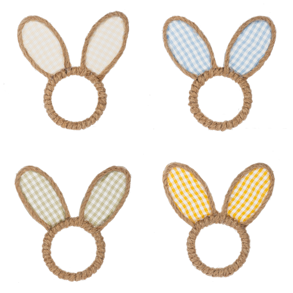 Four bunny ear napkin rings with different checkered patterns on a white background