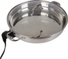 Stainless steel electric skillet with a lid on a white background