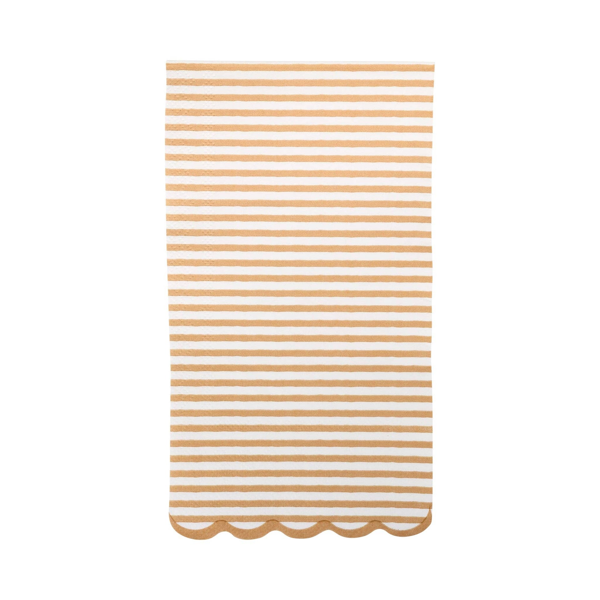 Striped tan and white napkin with scalloped edge on a white background