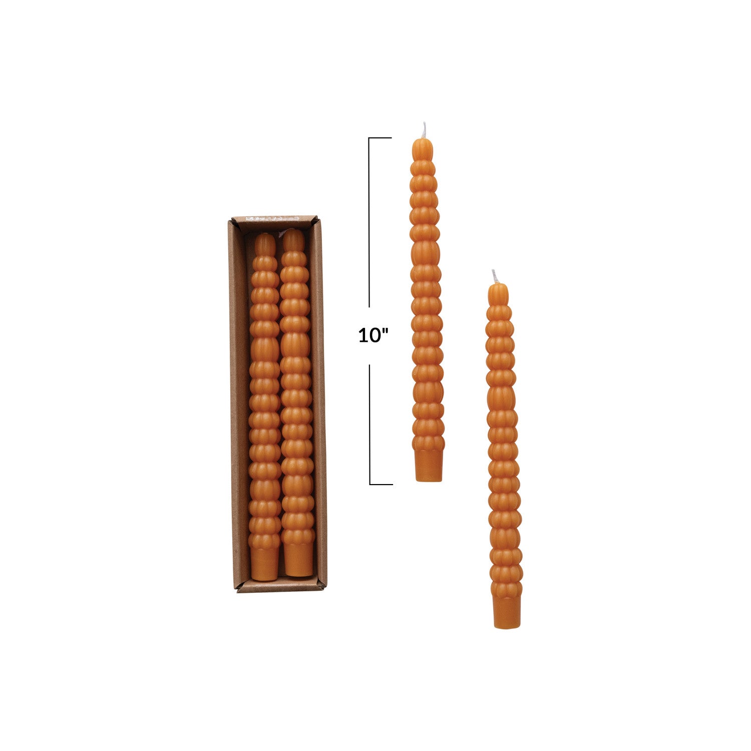 Two stacked pumpkin-shaped candles   and a measurement label indicating 10 inches.
