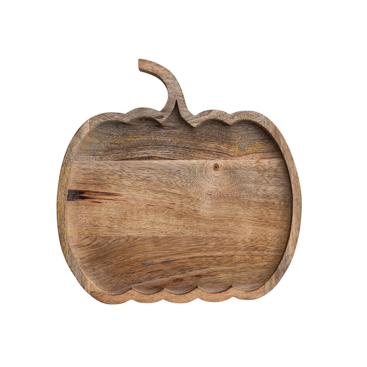 Wooden pumpkin-shaped serving tray on a white background