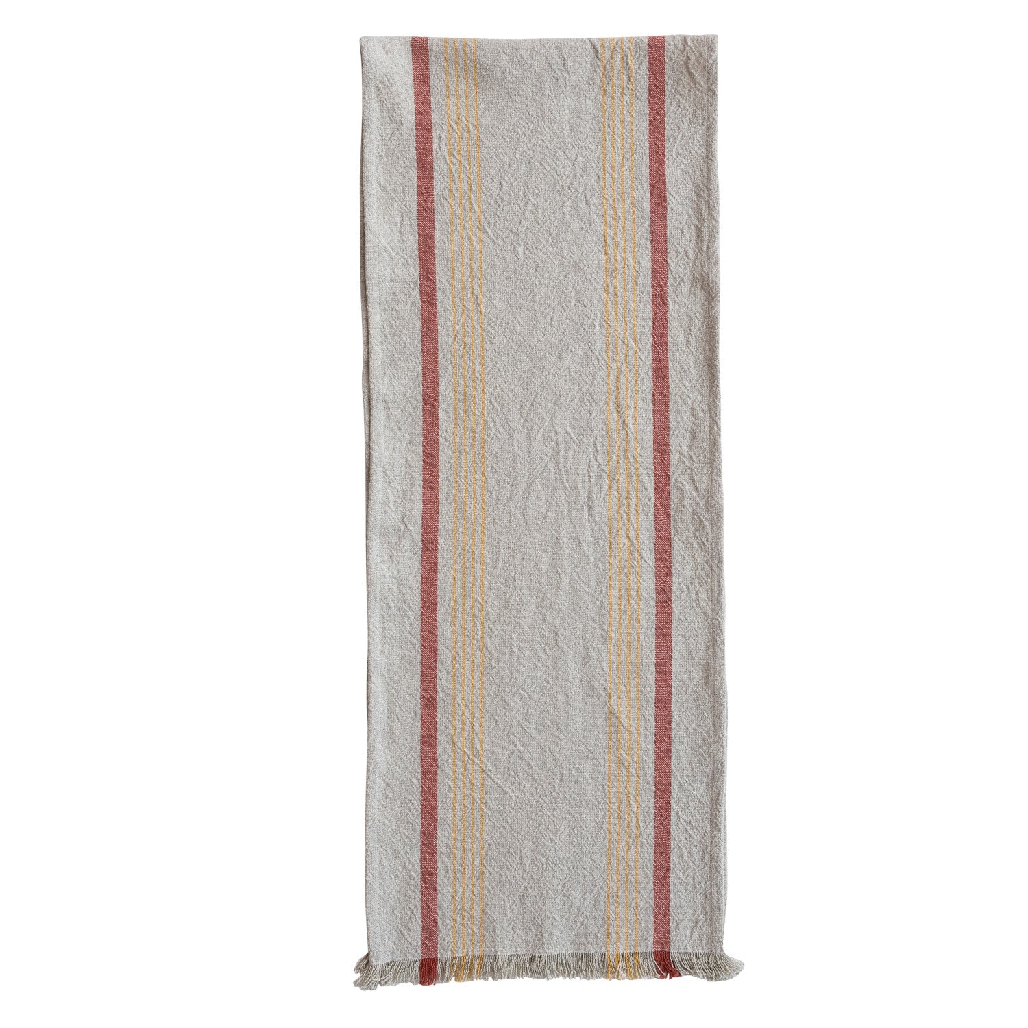 Striped table runner with red, yellow and beige stripes on a white background