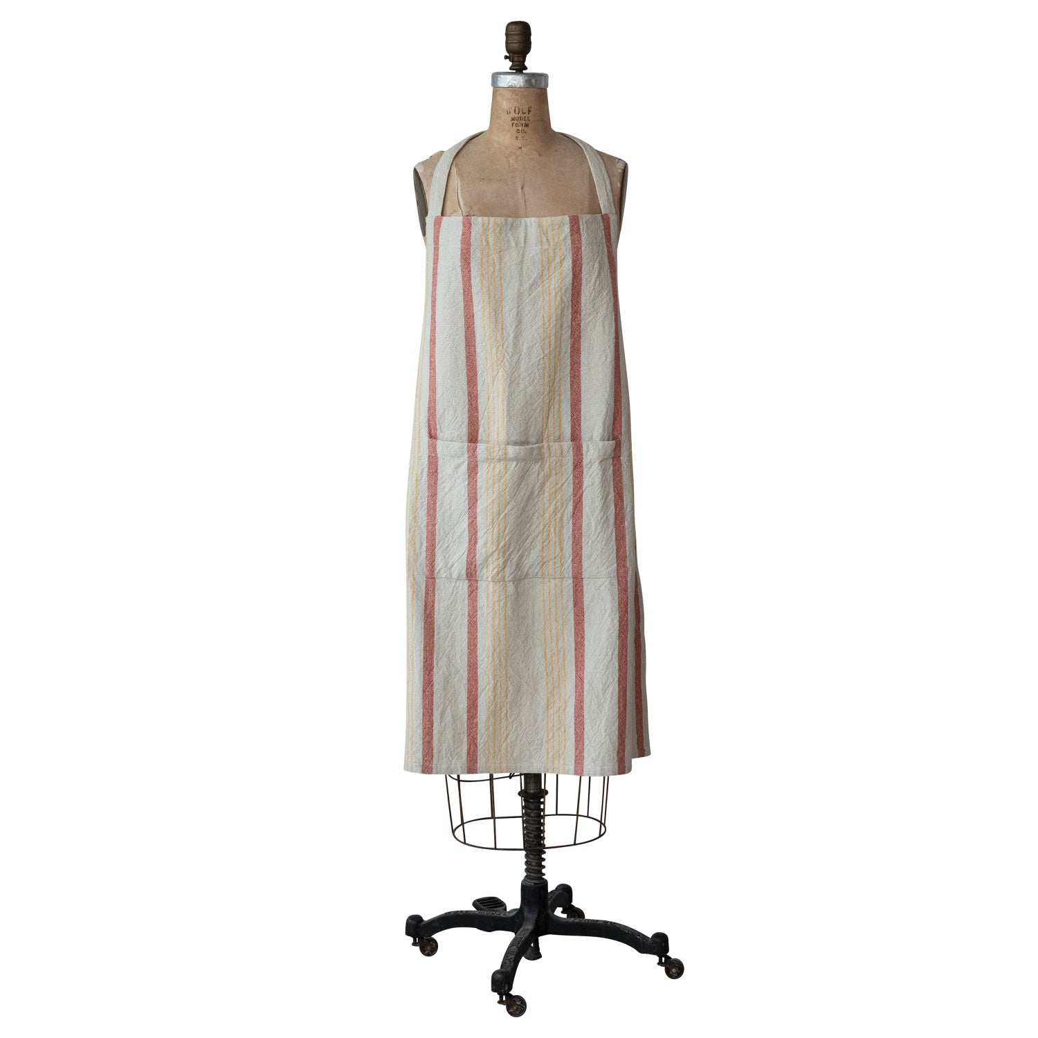 Striped apron on a mannequin against a white background