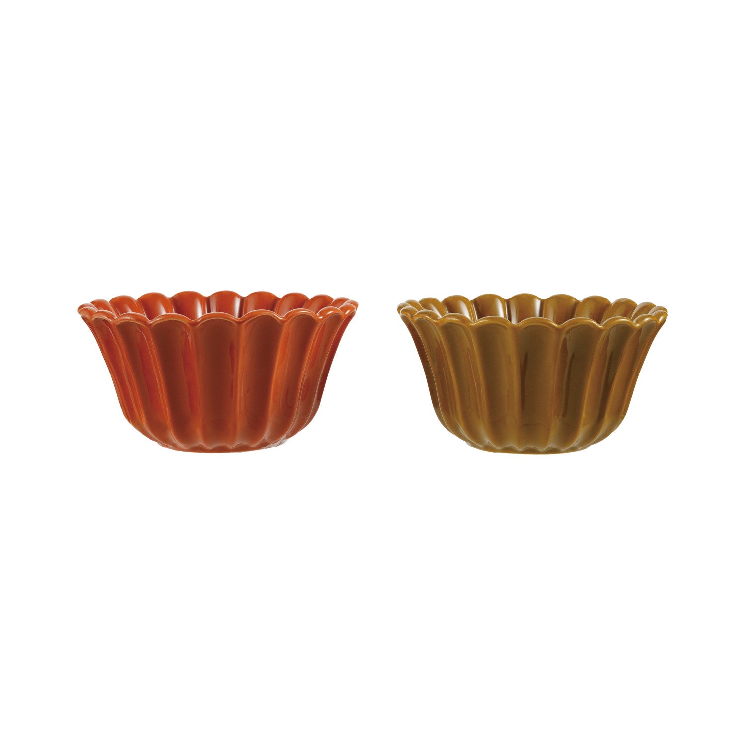 Two ceramic stoneware bowls, one orange and one brown, on a white background