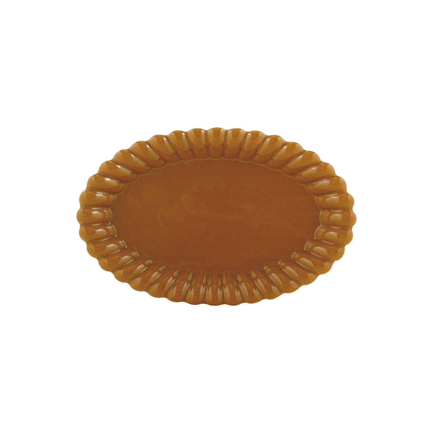 Brown platter with decorative edge on a white background