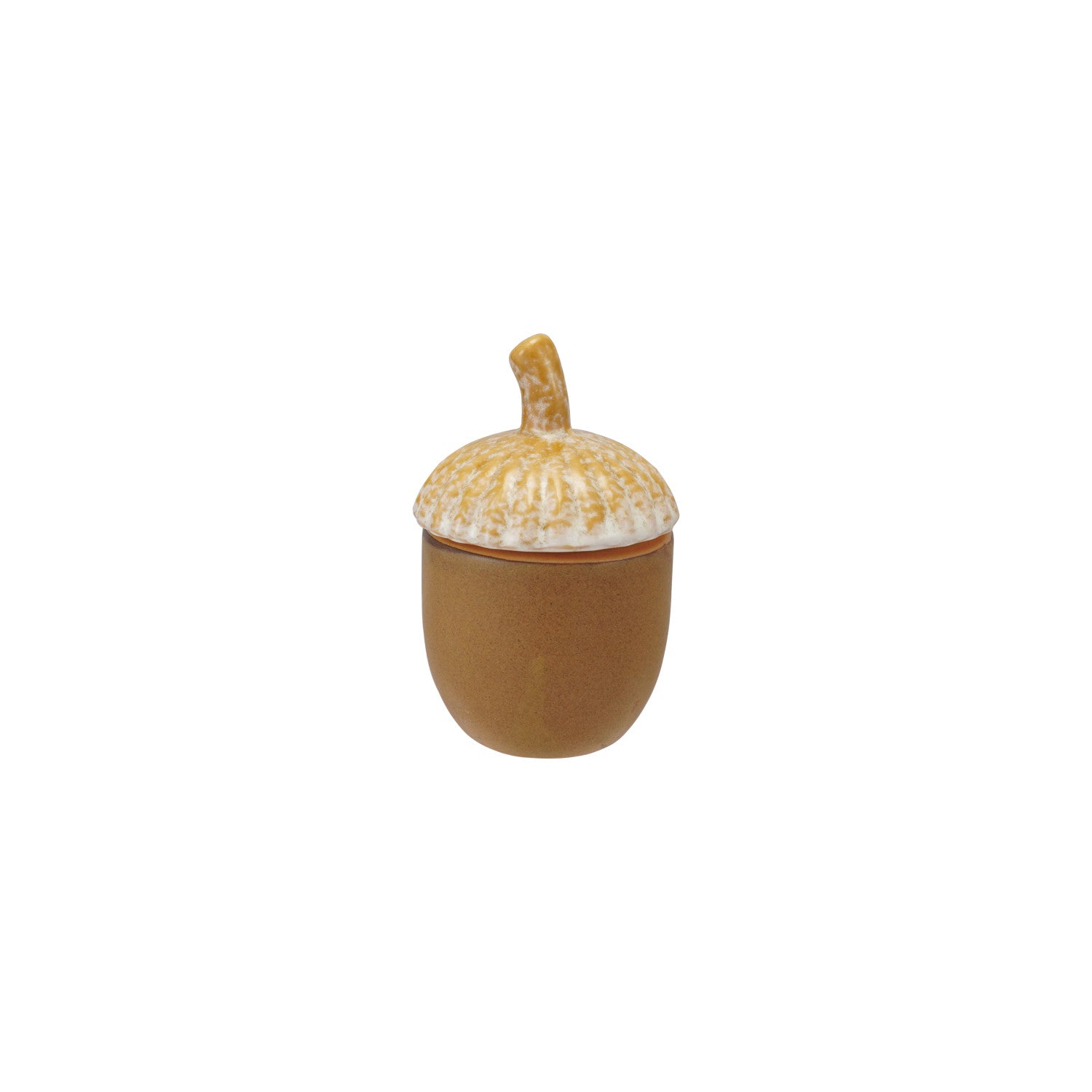Stoneware acorn-shaped container with a lid on a white background