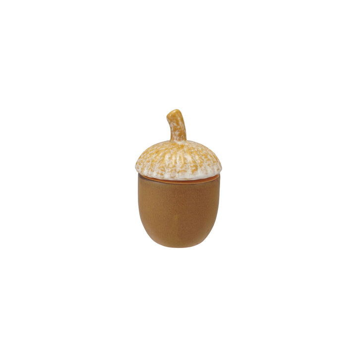 Stoneware acorn-shaped container with a lid on a white background