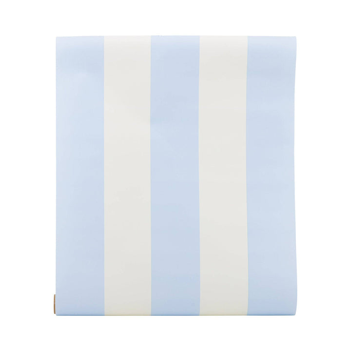 Blue and white striped paper table runner on a white background