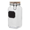 Clear glass jar with wooden lid and black label on a white background