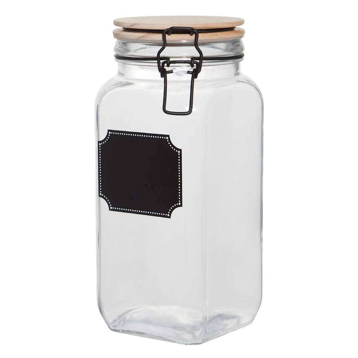 Clear glass jar with wooden lid and black label on a white background