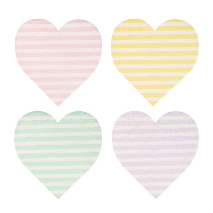 Four striped heart-shaped paper napkins in pastel colors on a white background