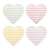 Four heart-shaped paper plates with pastel striped patterns on a white background