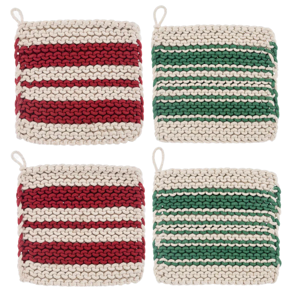 Cotton Crochet Red & Green Stripe Pot Holder (Each One Will Vary) (4 pc. set)